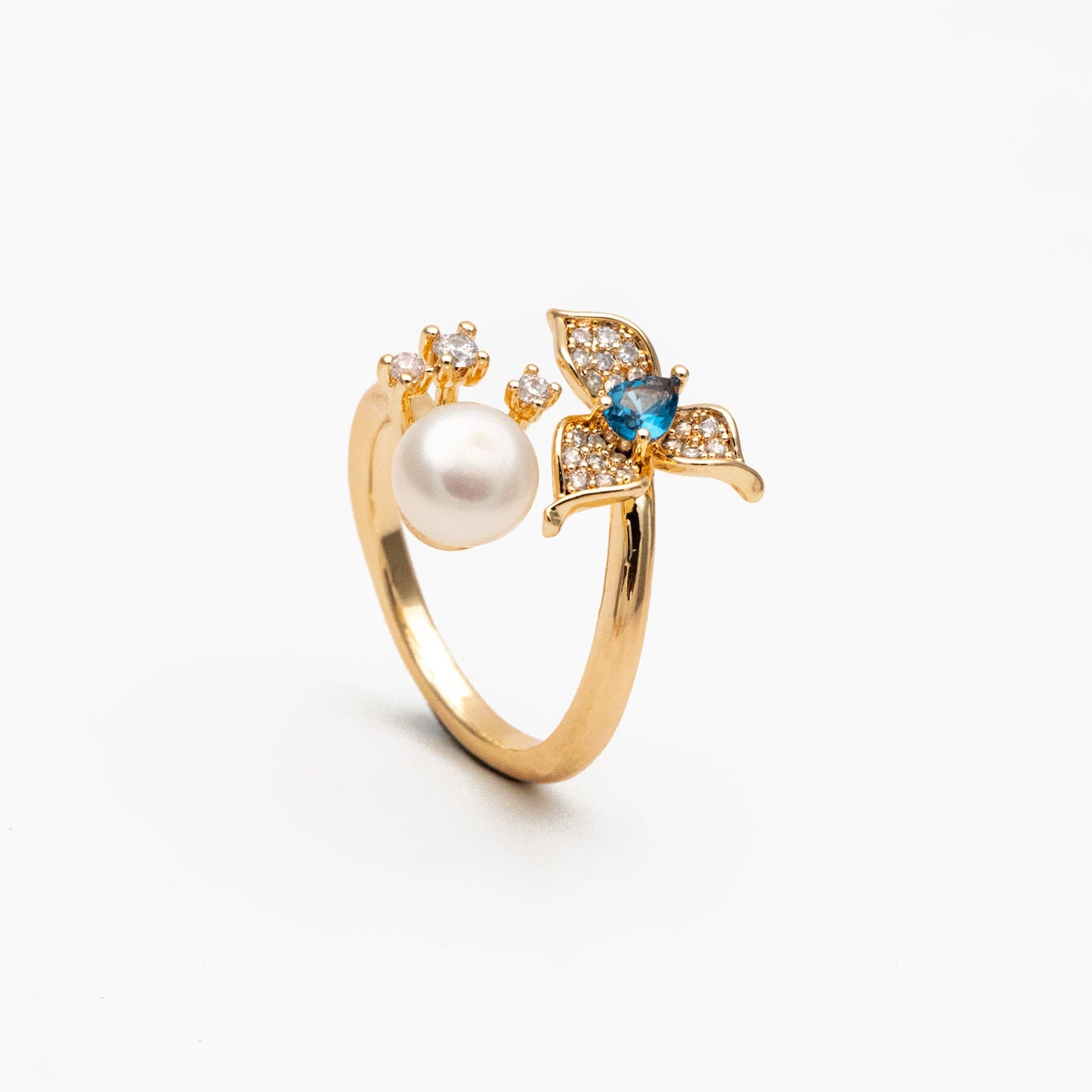 4pcs Blue CZ Pave Gold Flower Ring, Adjustable Ring Mounting, Pearl Ring Setting (#GB-4440)