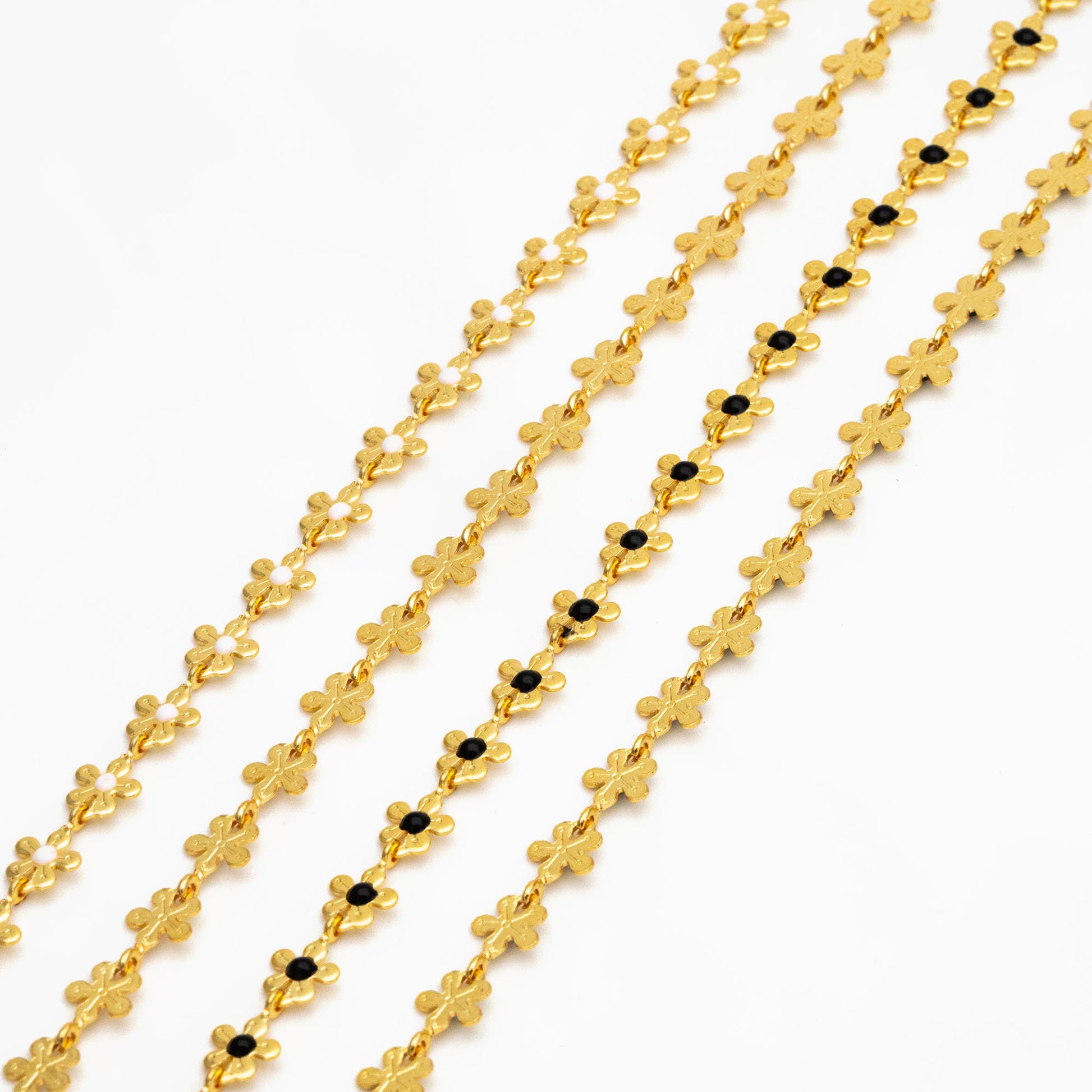 Enamel White/ Black Flower Chain, Gold Plated Brass Designer Chain 6mm, Floral Link Chain Findings (#LK-616)/ 1 Meter=3.3ft