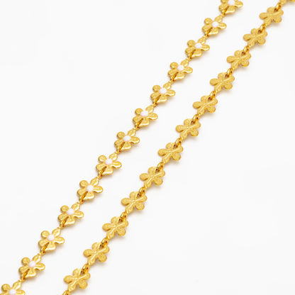 Enamel White/ Black Flower Chain, Gold Plated Brass Designer Chain 6mm, Floral Link Chain Findings (#LK-616)/ 1 Meter=3.3ft