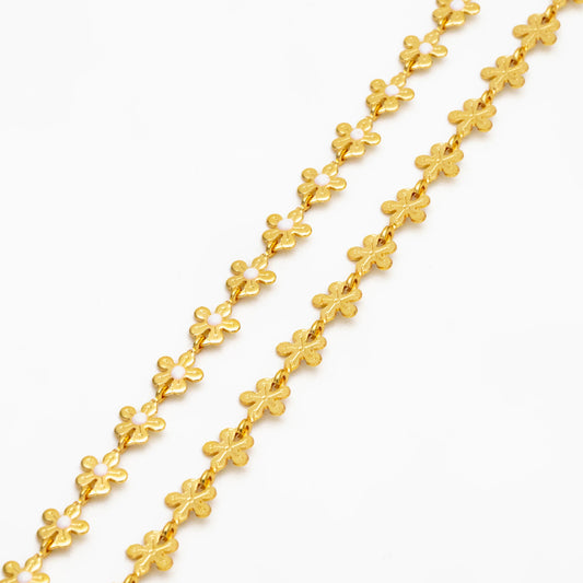 Enamel White/ Black Flower Chain, Gold Plated Brass Designer Chain 6mm, Floral Link Chain Findings (#LK-616)/ 1 Meter=3.3ft