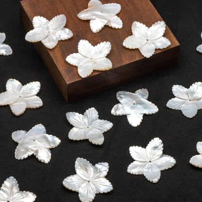 10pcs White Mother of Pearl Carved Flowers 35-43mm, Unique Large Shell Flowers (V1162)