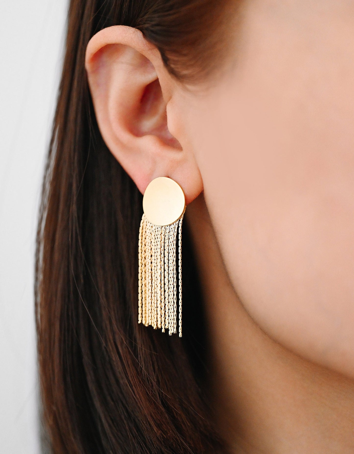 4pcs Gold Round Disc Tassel Ear Posts 48mm, 18K Gold plated Brass Dangling Stud Earring (GB-3356)