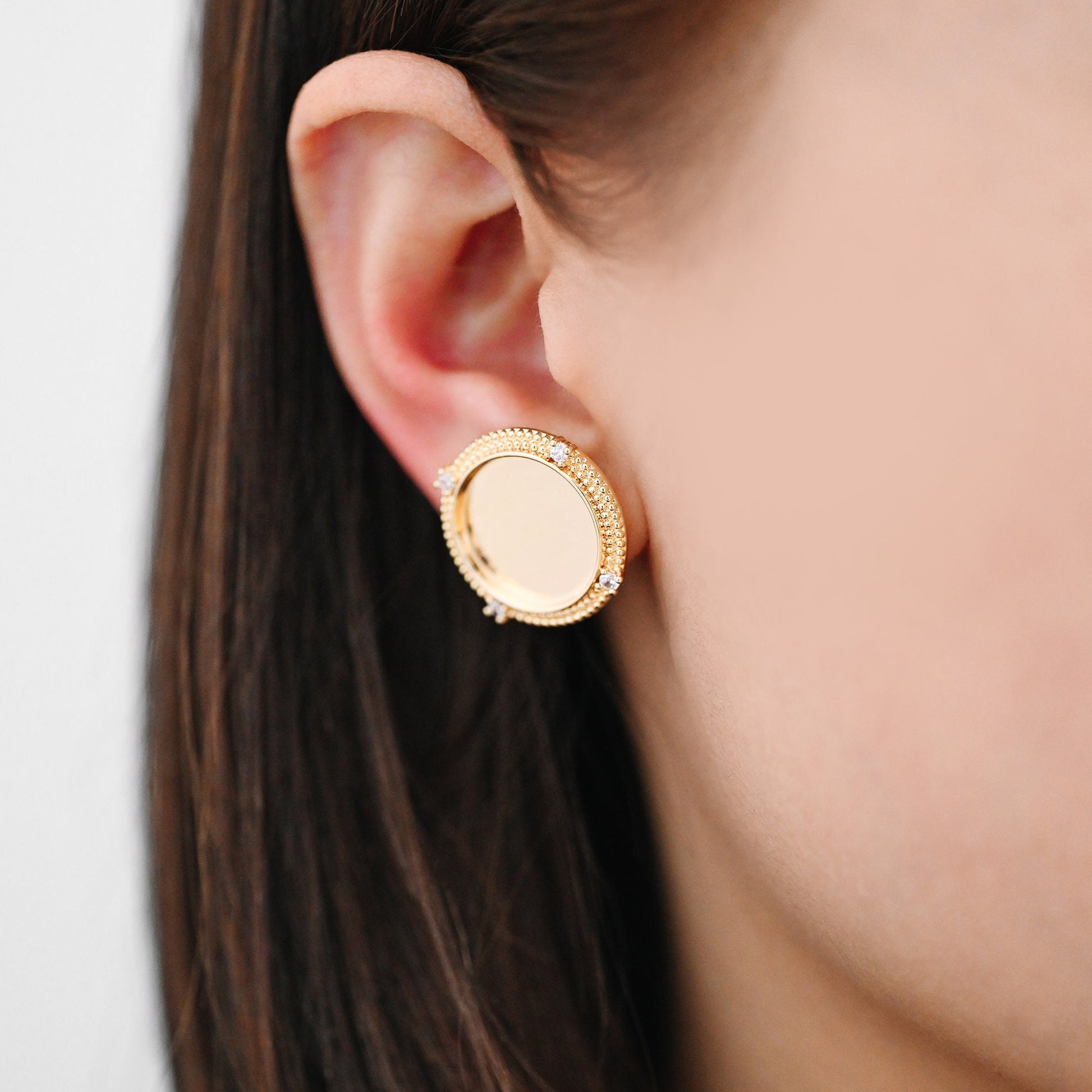 4pcs CZ Pave Gold Blank Base Tray Cabochon Earring Setting, Gold plated Brass Bezel Cabochon Ear Post (GB-3411)