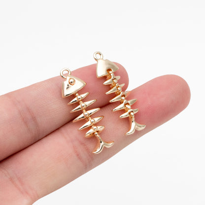 4pcs Gold Fishbone Charms, Gold Plated Brass Fishbone Pendant, Skeleton Pendant (GB-2936-D)