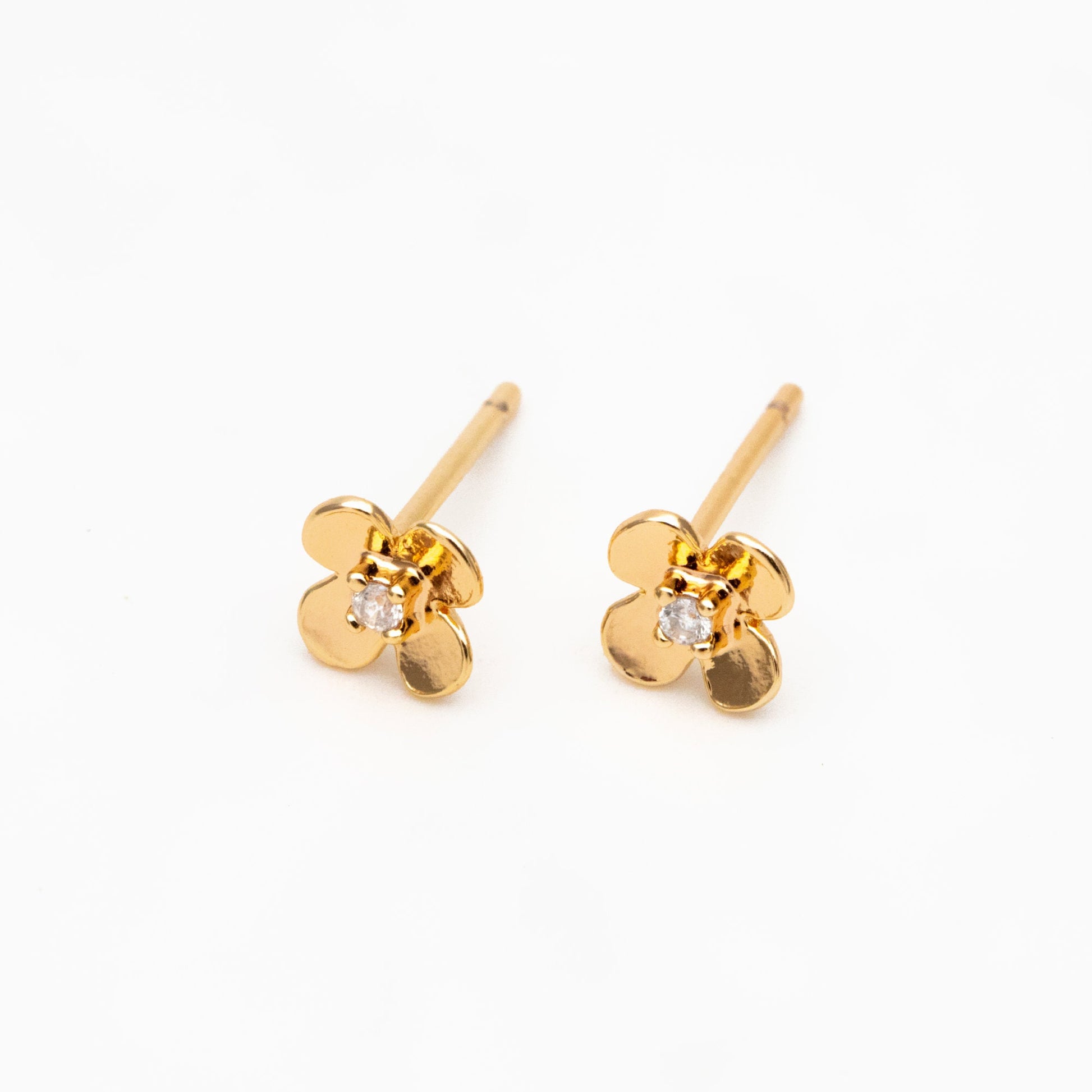 10pcs CZ Pave Gold/ Silver Flower Earrings 6mm, 18K Gold/ Rhodium plated Brass, Floral Stud Earrings (GB-4453)