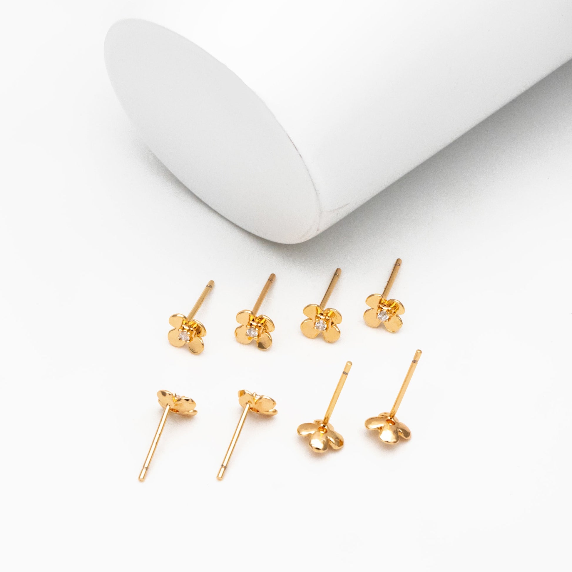 10pcs CZ Pave Gold/ Silver Flower Earrings 6mm, 18K Gold/ Rhodium plated Brass, Floral Stud Earrings (GB-4453)