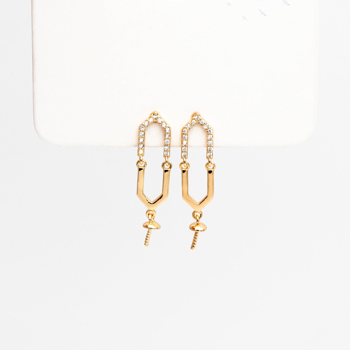 4pcs CZ Pave Gold Long Hexagon Earrings, Pearl Earring Mounts, Half Drilled Pearls Earring Settings (#GB-4458)