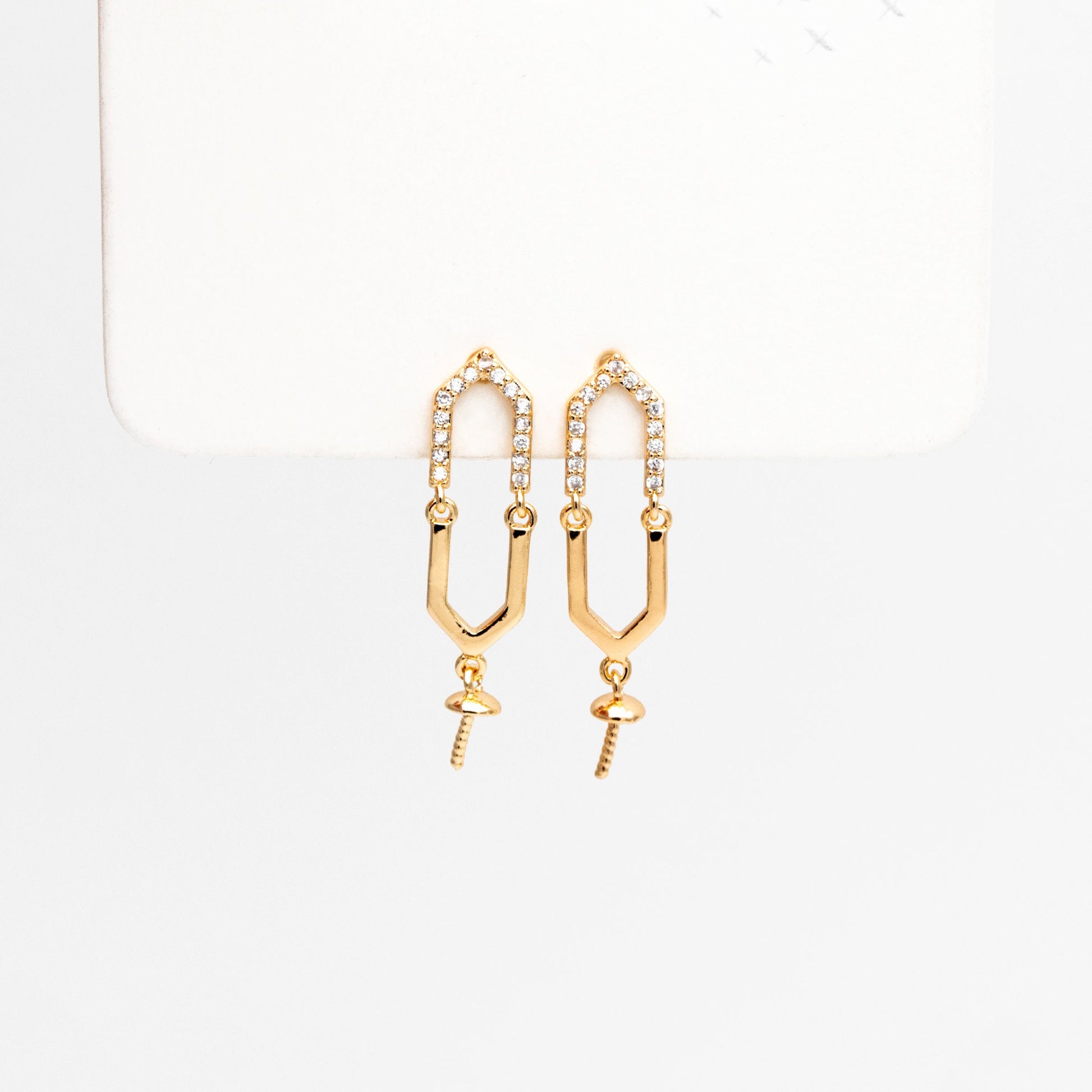 4pcs CZ Pave Gold Long Hexagon Earrings, Pearl Earring Mounts, Half Drilled Pearls Earring Settings (#GB-4458)