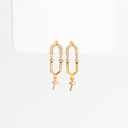 4pcs CZ Pave Gold Long Hexagon Earrings, Pearl Earring Mounts, Half Drilled Pearls Earring Settings (#GB-4458)