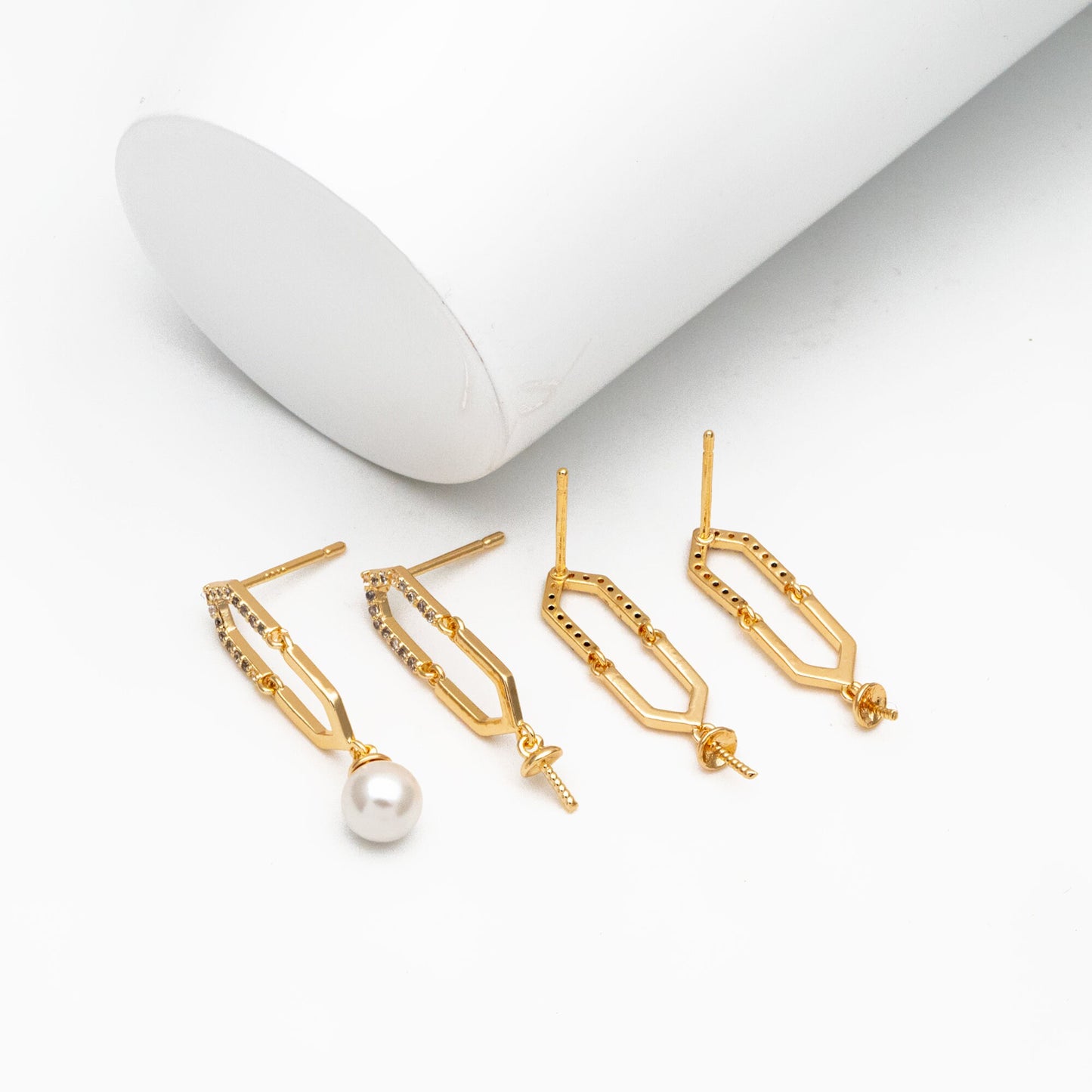 4pcs CZ Pave Gold Long Hexagon Earrings, Pearl Earring Mounts, Half Drilled Pearls Earring Settings (#GB-4458)