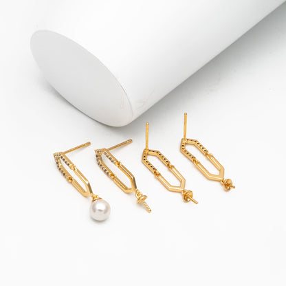 4pcs CZ Pave Gold Long Hexagon Earrings, Pearl Earring Mounts, Half Drilled Pearls Earring Settings (#GB-4458)