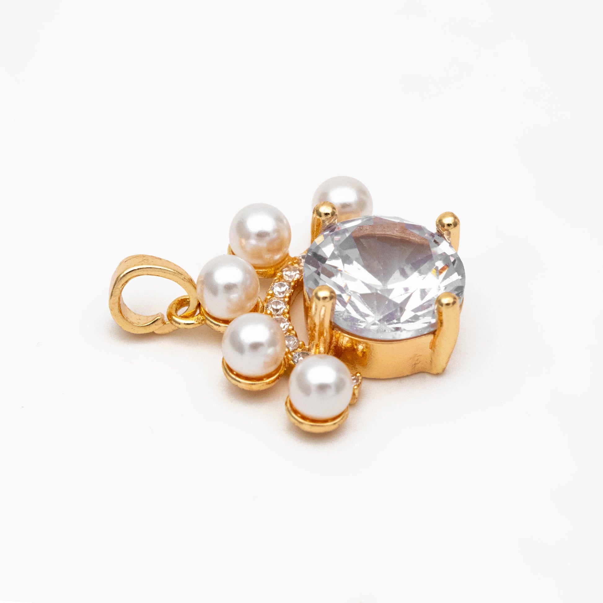 4pcs CZ Pave Gold Round Charms, 18K Gold plated Brass, Faux Pearl Necklace Pendant (GB-4459)