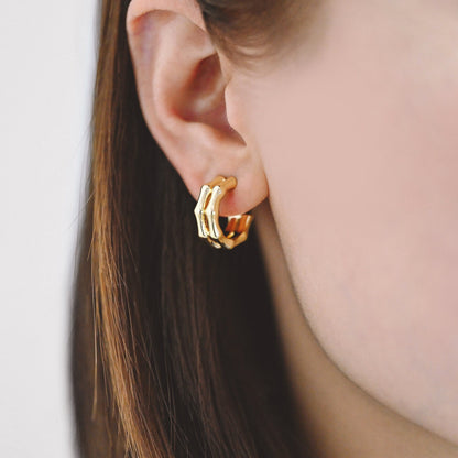 4pcs Gold Double Band Bamboo Earrings, Round Earring Hooks, Circle Hoop Earrings (GB-4362)