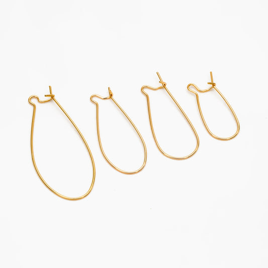 20pcs Gold/ Silver tone Kidney Ear Wires, 18K Gold/ Rhodium plated Brass Hoop Earrings 25/ 30/ 36/ 45mm (GB-253)