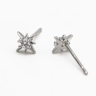 10pcs CZ Pave North Star Ear Posts, 6mm, Real Gold/ Rhodium Plated Brass Star Stud Earrings (#GB-3041-C)