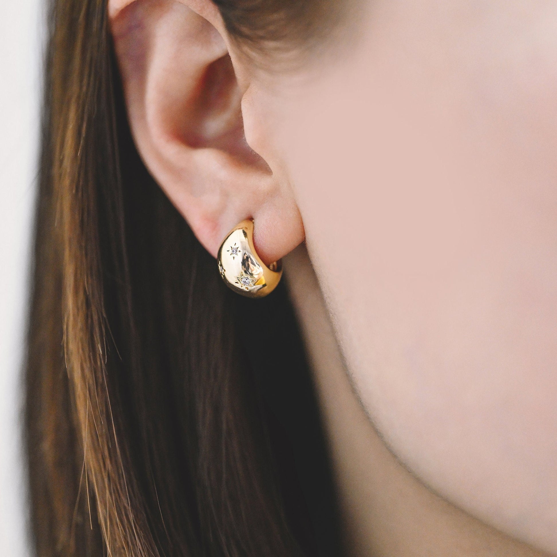 4pcs CZ Pave Gold Star Chunky Earrings, 18K Gold plated Brass, Hoop Stud Earrings (GB-4379)