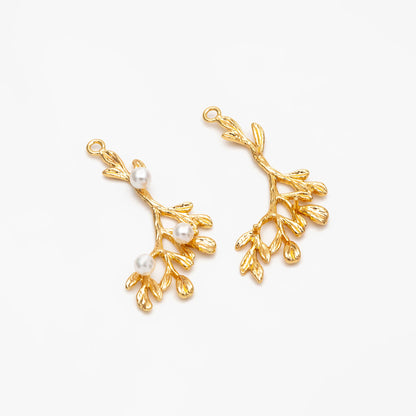 10pcs Gold plated Brass Branch Leaf Charm Pendants 38mm, Lead Nickel Free (GB-3622-I)