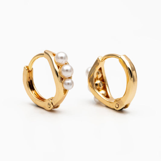 4pcs Faux Pearl Pave Gold Tiny Hoop Earrings, 18K Gold plated Brass, Dainty Huggie Earrings (GB-4461)