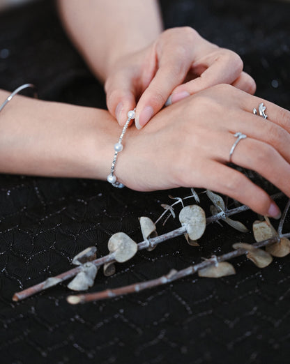Sterling Silver Beaded Bracelet with Natural Pearls, Adjustable Solid .925 Silver Bracelets (CY-055)