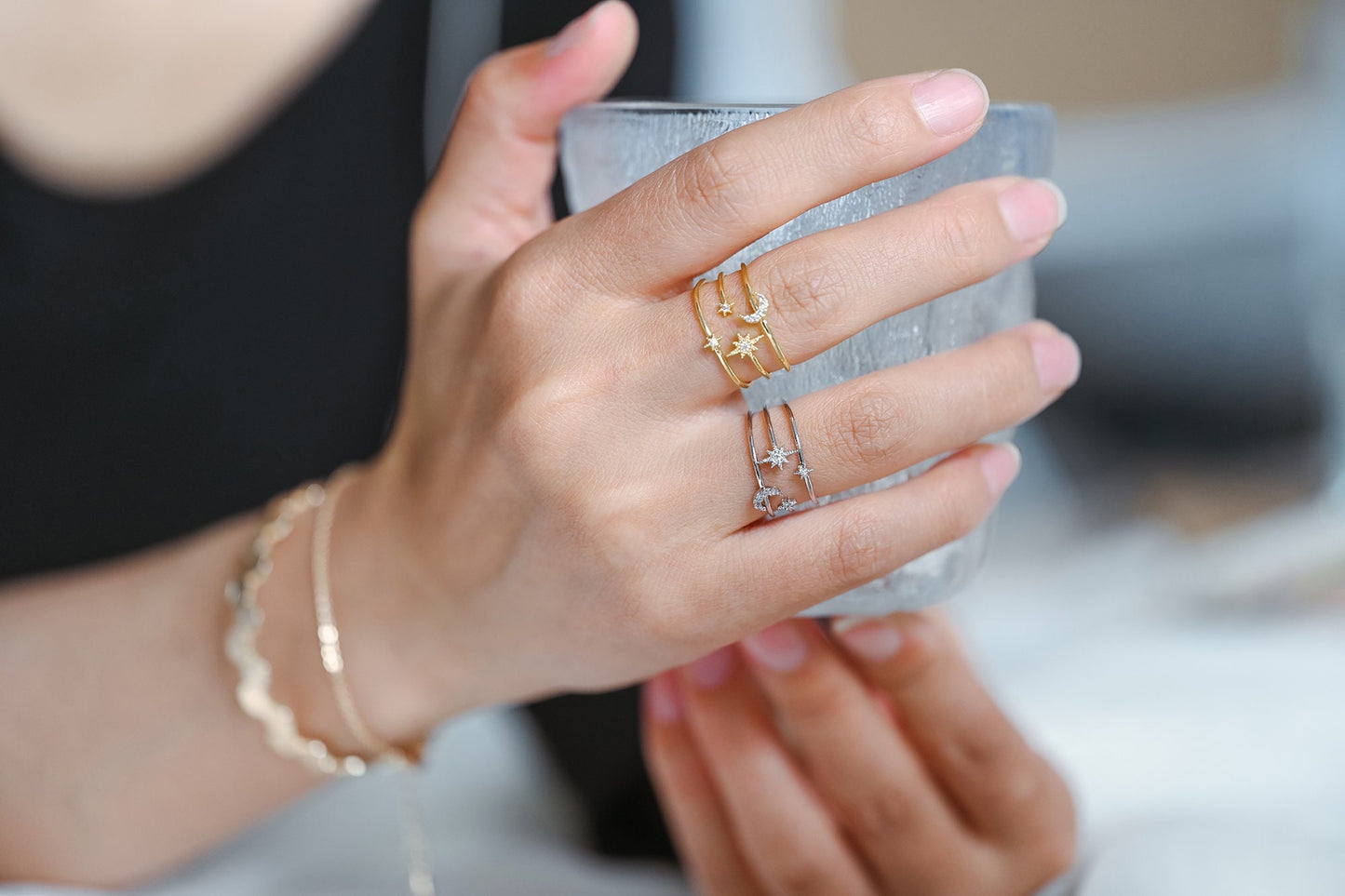 4pcs CZ Pave Triple Band Moon and Star Ring, Celestial Ring, Modern Style Ring, Fashion Rings, Dainty Rings, Adjustable Ring (#GB-4182)