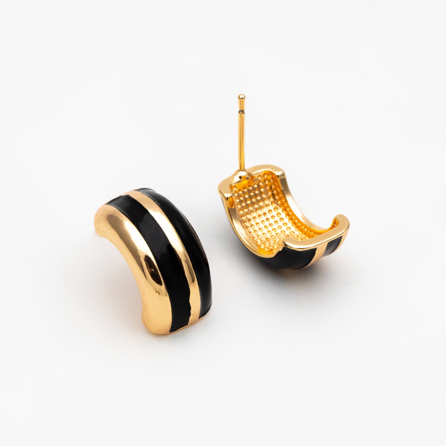 4pcs White/ Black Enamel Stud Earrings, 18K Gold plated Brass, Minimalist C Shaped Earrings (GB-4433)