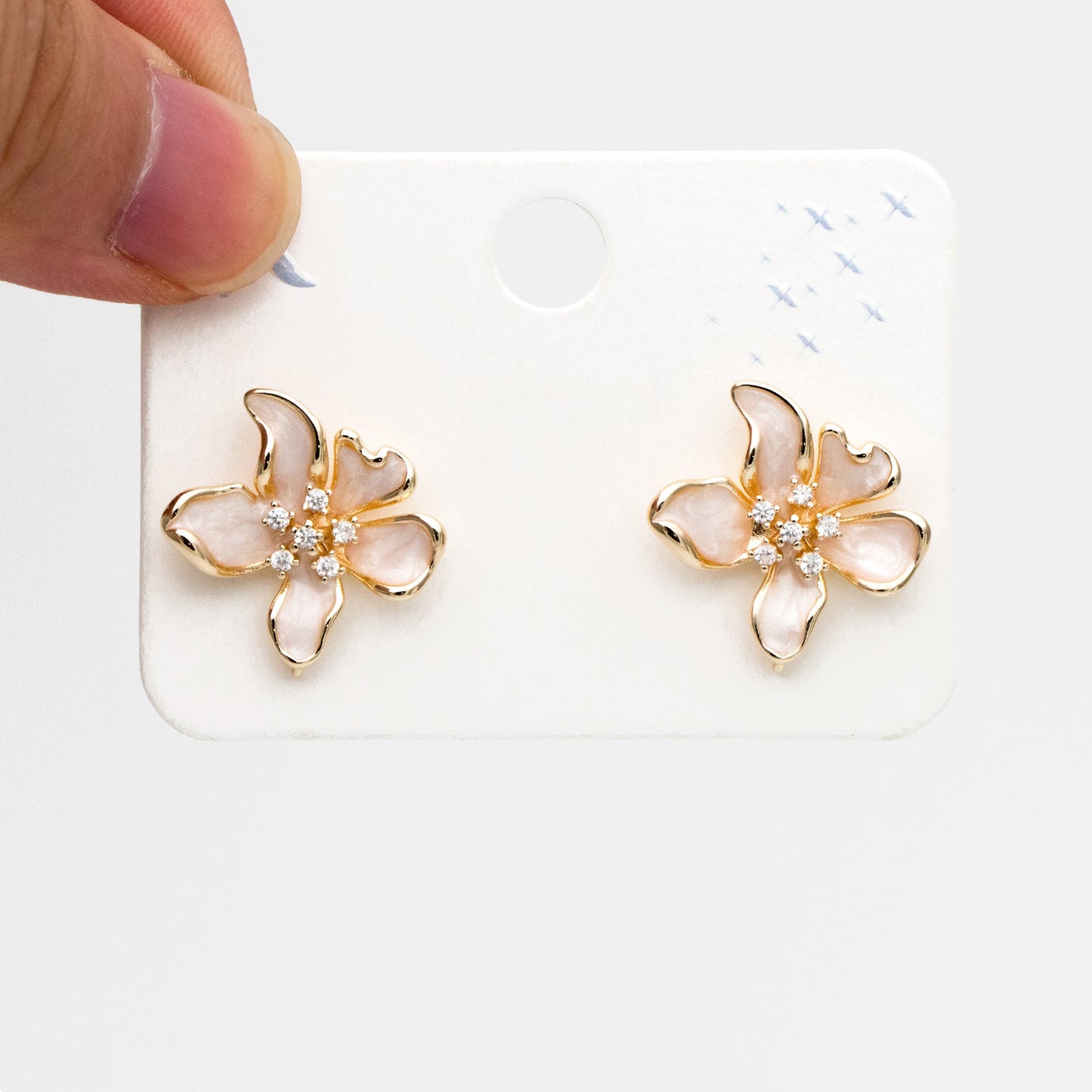 4pcs CZ Pave Gold Enamel Flower Earrings with Loop, Gold Plated Brass Stud Earrings, DIY Ear Findings (GB-4445)