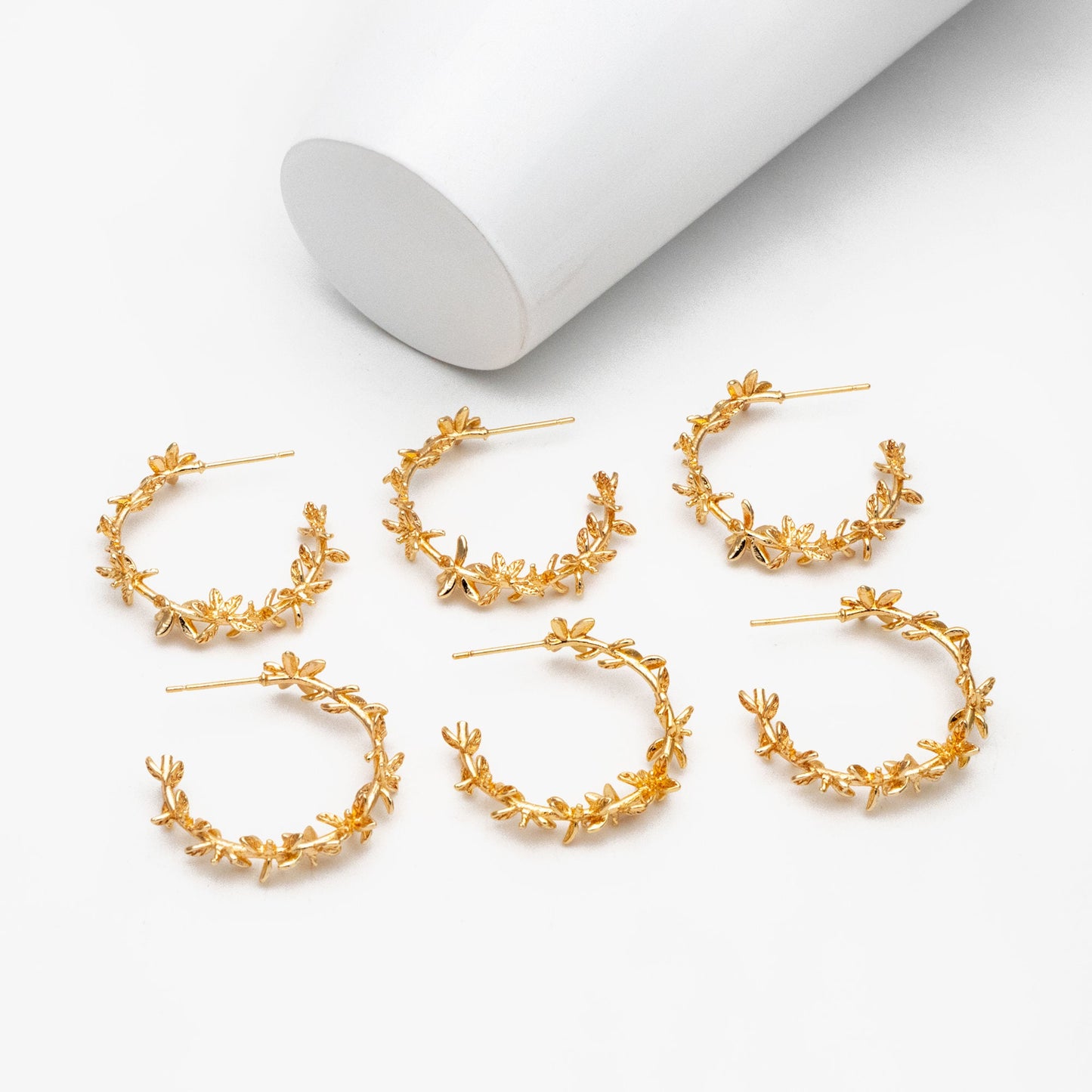 4pcs Dainty Gold Leaf Hoop Stud Earrings, Pearl Earring Mounts, Half Drilled Pearls Earring Settings (GB-4446)