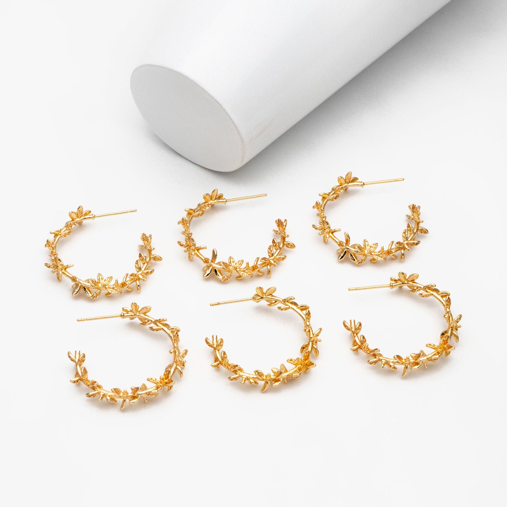 4pcs Dainty Gold Leaf Hoop Stud Earrings, Pearl Earring Mounts, Half Drilled Pearls Earring Settings (GB-4446)