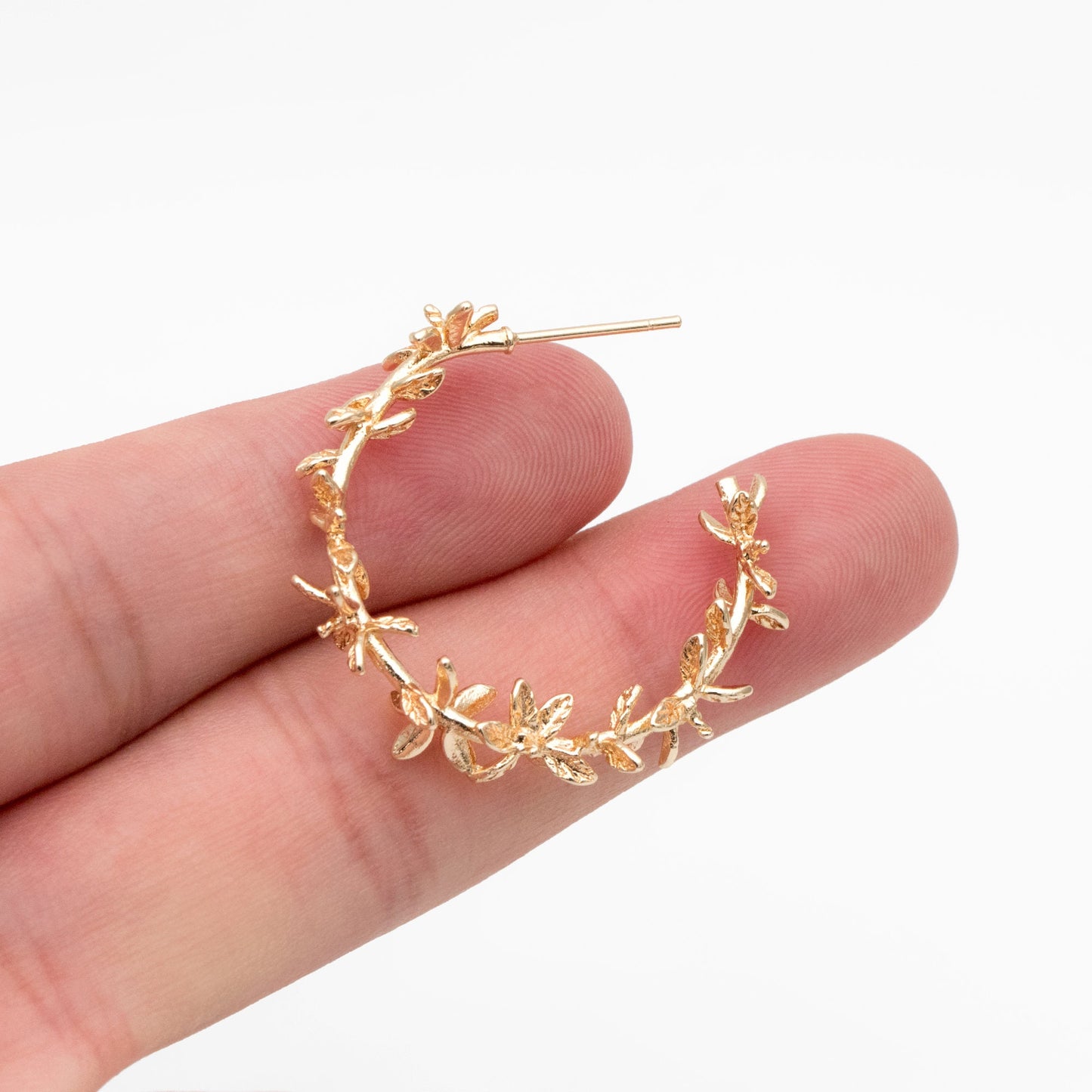 4pcs Dainty Gold Leaf Hoop Stud Earrings, Pearl Earring Mounts, Half Drilled Pearls Earring Settings (GB-4446)