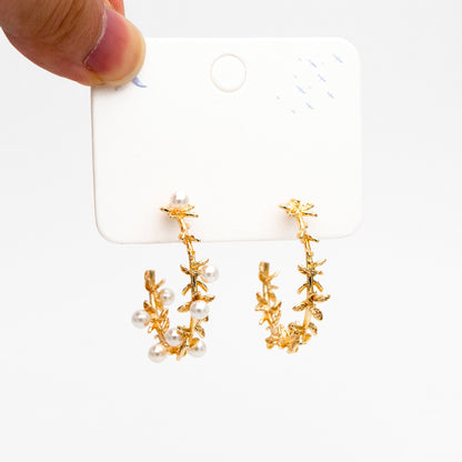 4pcs Dainty Gold Leaf Hoop Stud Earrings, Pearl Earring Mounts, Half Drilled Pearls Earring Settings (GB-4446)