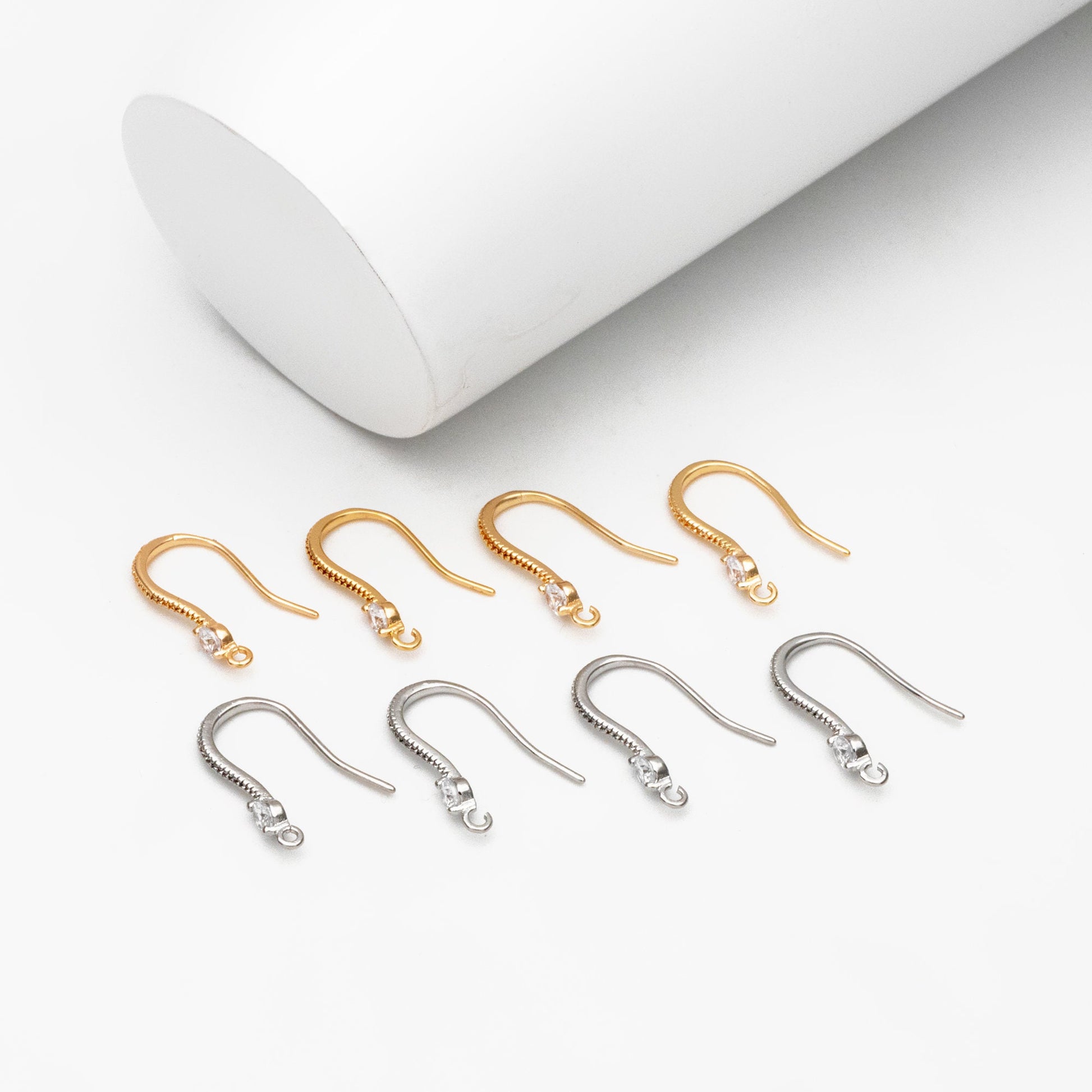 10pcs CZ Pave Gold/ Silver Earring Hooks, 18K Gold/ Rhodium Plated Brass Earwires, Jewelry Supplies Wholesale (GB-226)
