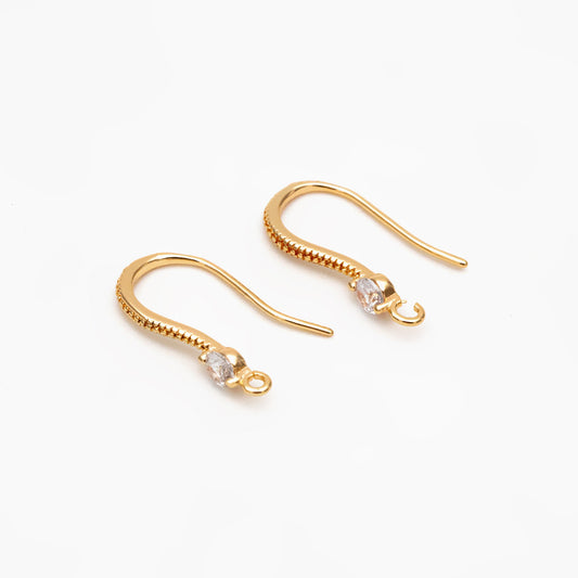 10pcs CZ Pave Gold/ Silver Earring Hooks, 18K Gold/ Rhodium Plated Brass Earwires, Jewelry Supplies Wholesale (GB-317-E)