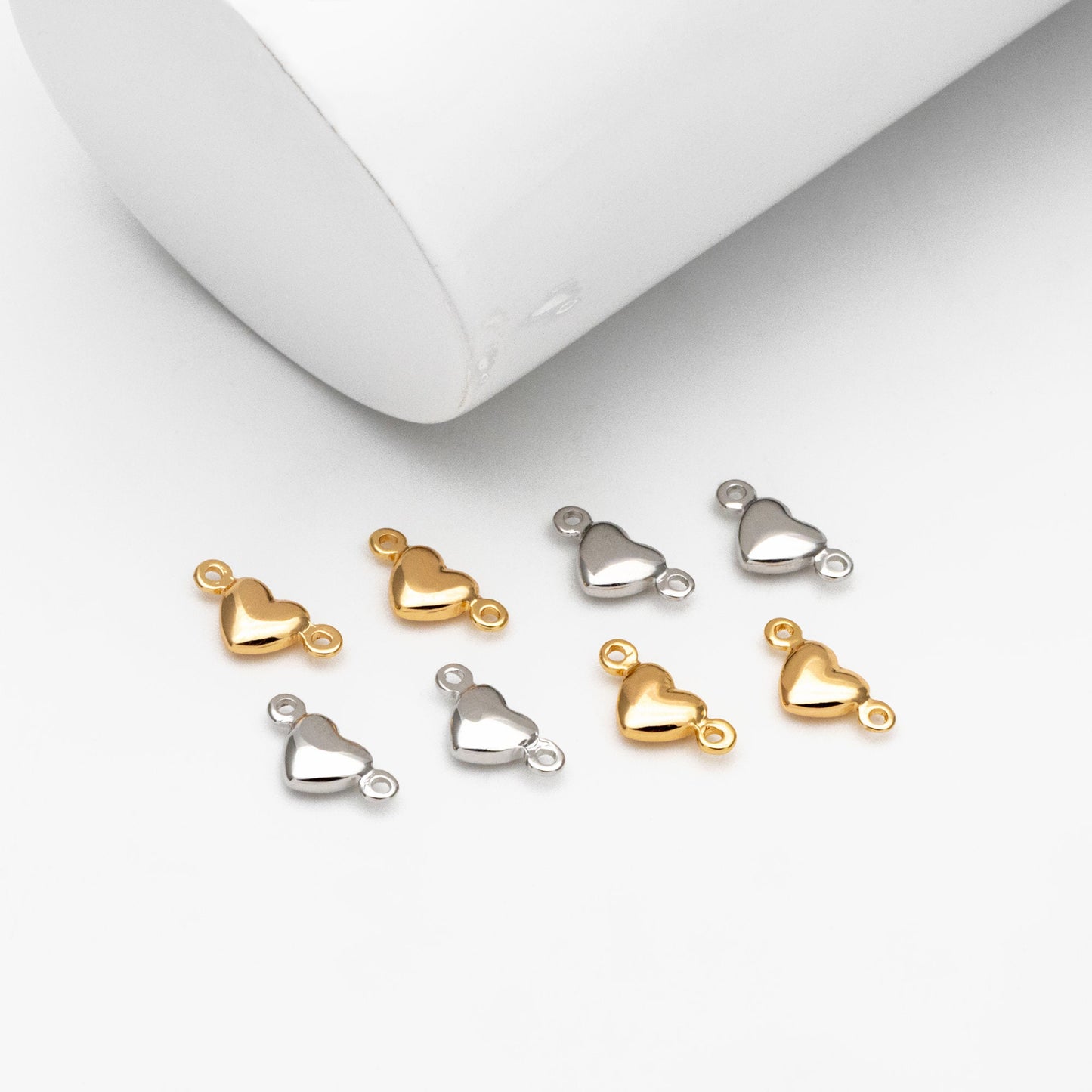 20pcs Gold /Silver Heart Connectors 10mm, Real Gold/ Rhodium plated Brass Heart Charms with Two Loops (GB-235)