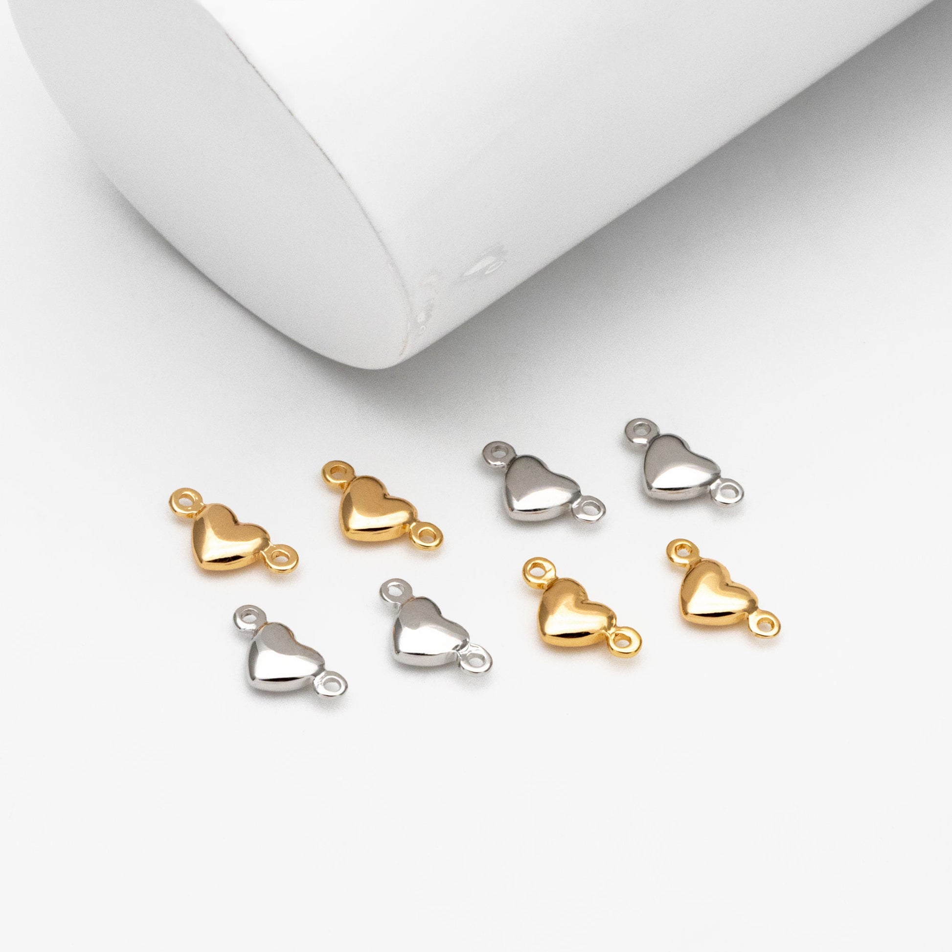 20pcs Gold /Silver Heart Connectors 10mm, Real Gold/ Rhodium plated Brass Heart Charms with Two Loops (GB-235)