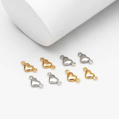 20pcs Gold /Silver Heart Connectors 10mm, Real Gold/ Rhodium plated Brass Heart Charms with Two Loops (GB-235)