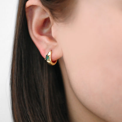 4pcs Emerald CZ Pave Hoop Earrings, 18K Gold plated Brass, Oval Huggie Leverback Ear Hooks (GB-3456)