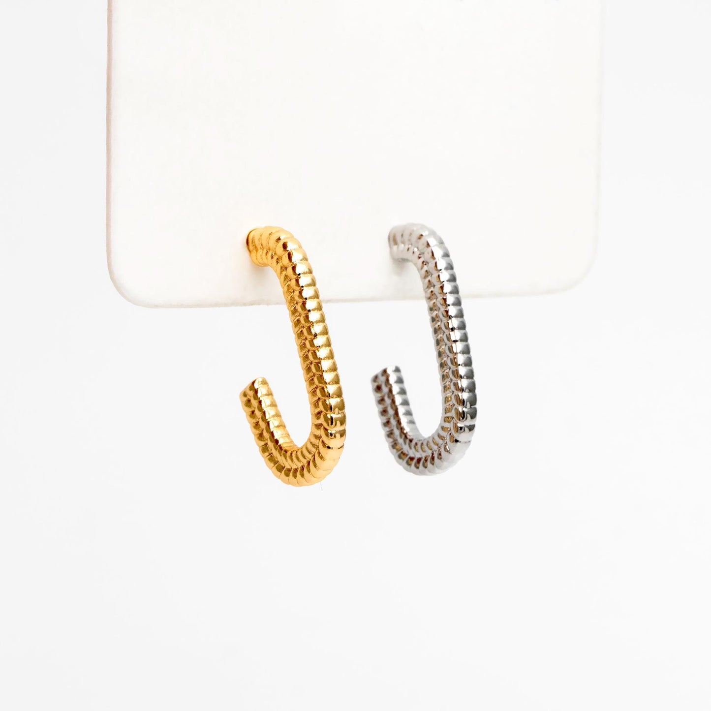 4pcs Gold/ Silver Tone C Shape Earrings, Real Gold/ Rhodium plated Brass, Dainty Oval Hoop Stud Earrings (GB-4466)