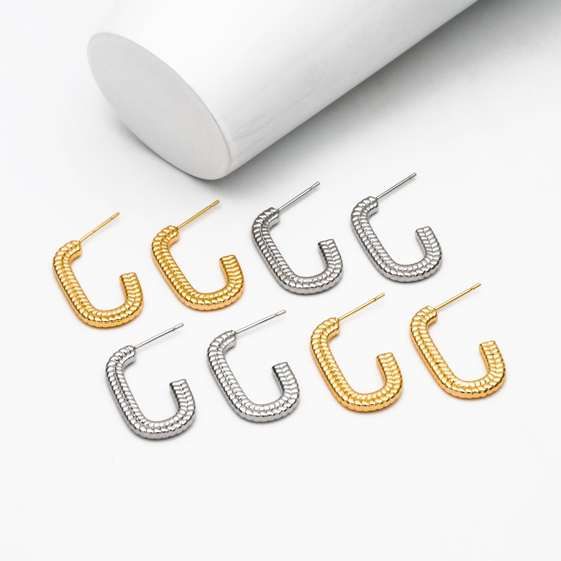 4pcs Gold/ Silver Tone C Shape Earrings, Real Gold/ Rhodium plated Brass, Dainty Oval Hoop Stud Earrings (GB-4466)