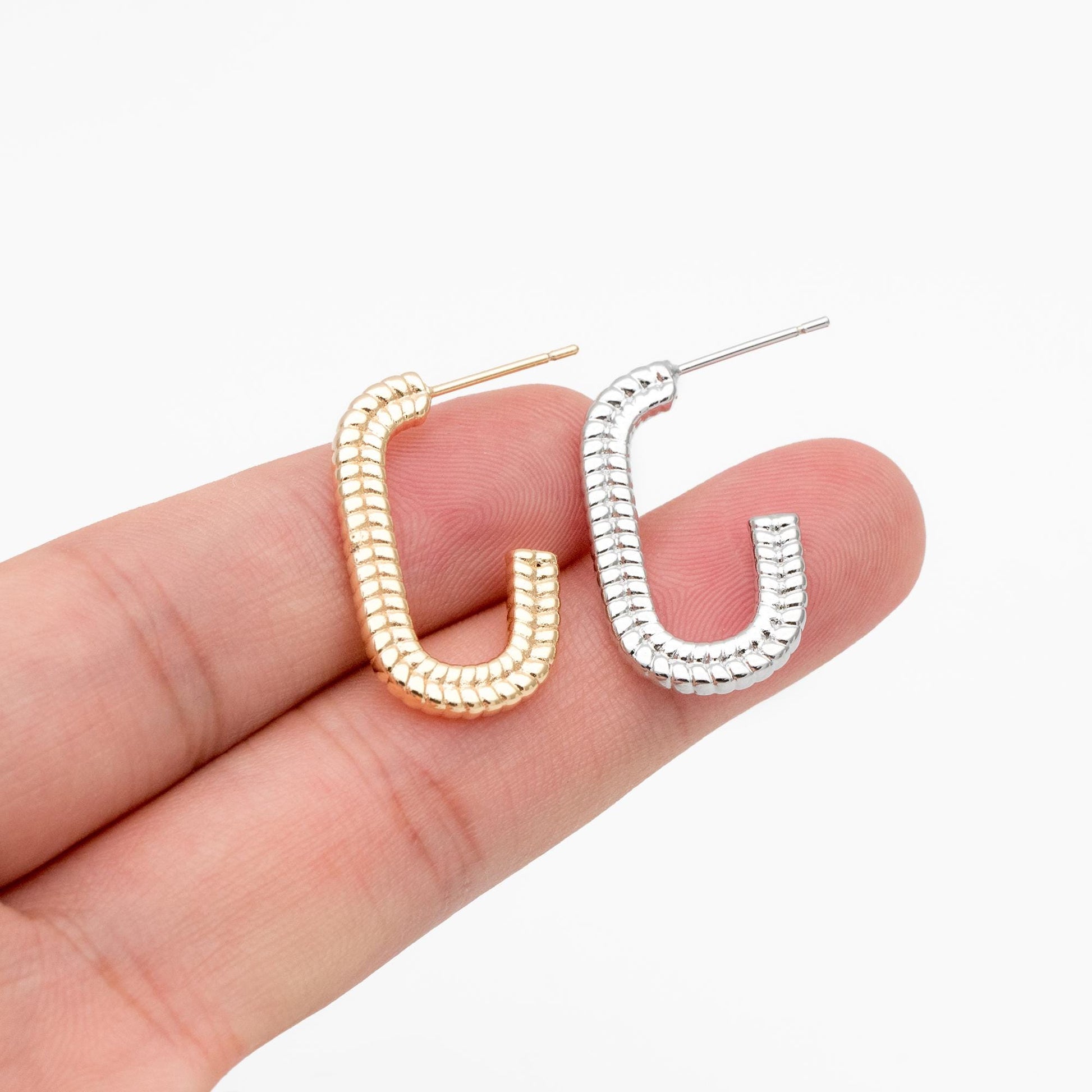 4pcs Gold/ Silver Tone C Shape Earrings, Real Gold/ Rhodium plated Brass, Dainty Oval Hoop Stud Earrings (GB-4466)