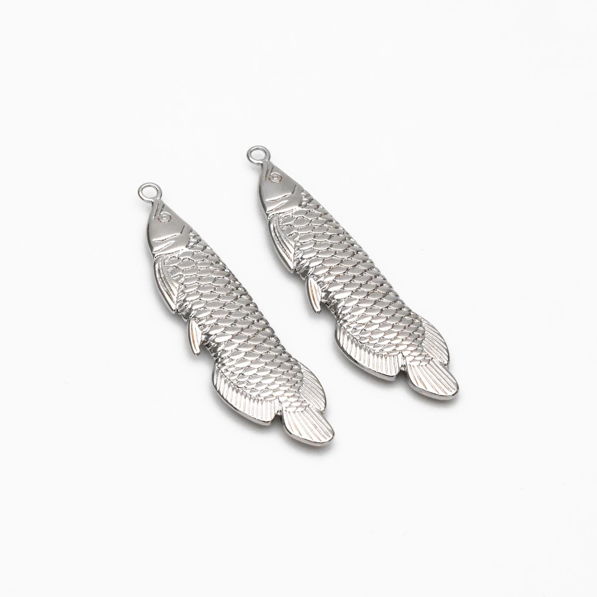 4pcs Gold/ Silver Tone Arowana Fish Charms, Gold/ Rhodium Plated Brass, Fish Pendants (GB-4474)