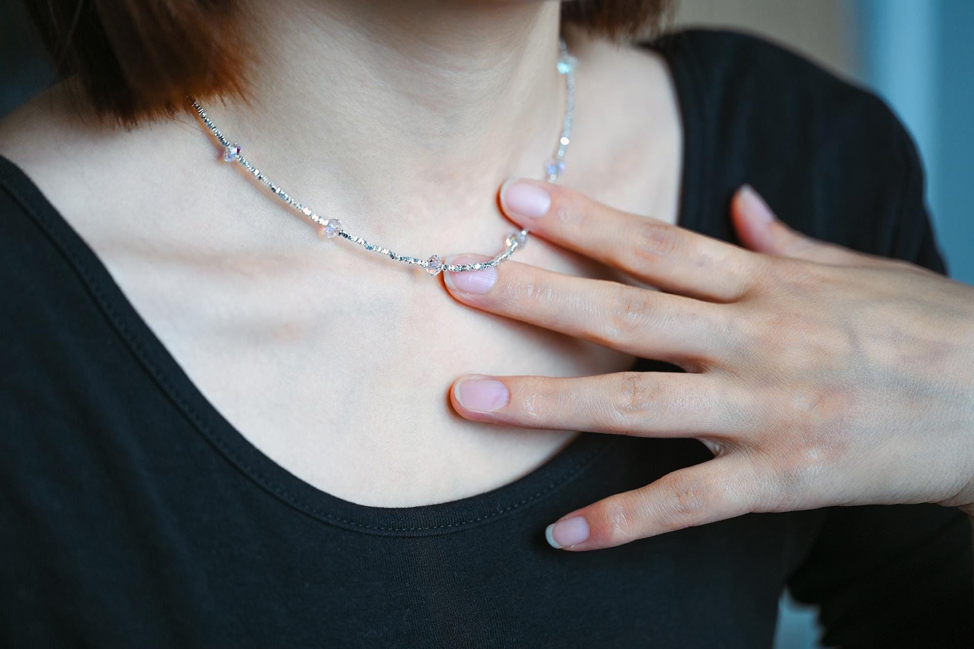 Sterling Silver Square Beaded Necklaces, 1.6mm Silver Bead Chain with 6mm Rondelle Crystal, Ready to Wear (CY-054)