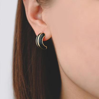 4pcs White/ Black Enamel Stud Earrings, 18K Gold plated Brass, Minimalist C Shaped Earrings (GB-4433)