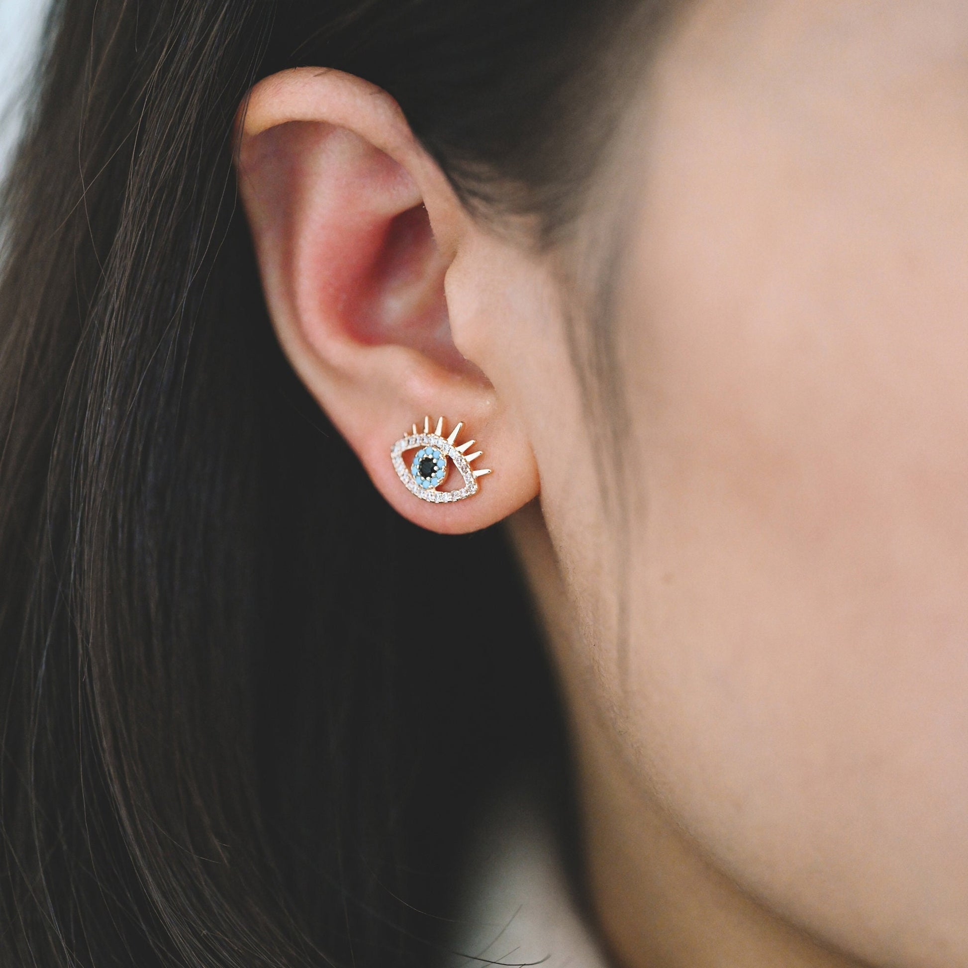 4pcs CZ Pave Evil Eye Earring Stud, Real Gold plated Brass, Cubic Zirconia Paved Eye Earrings (GB-754)