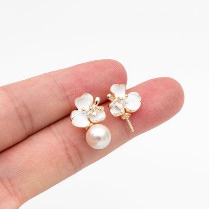 4pcs White Enamel Flower and Bee Earrings, Pearl Earring Mounts, Half Drilled Pearls Earring Settings (GB-4448)