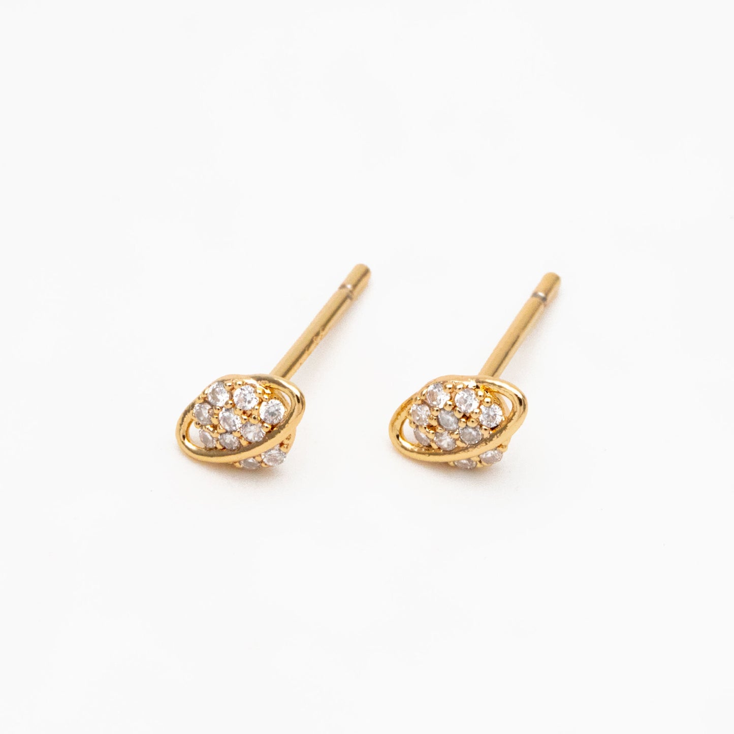 4pcs CZ Pave Gold Saturn Earrings, Real Gold Plated Brass, Minimalist Stud Earrings (#GB-4452)