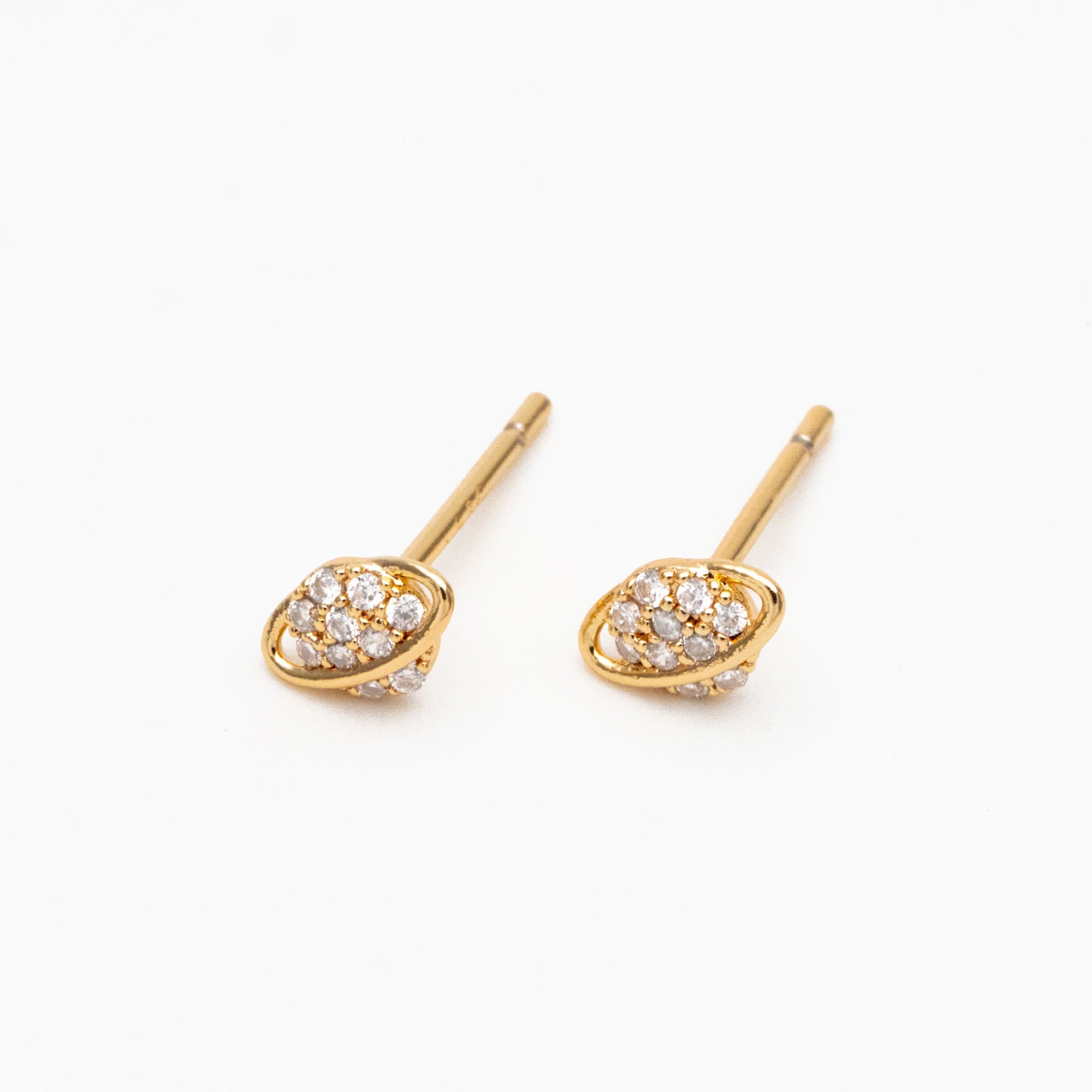 4pcs CZ Pave Gold Saturn Earrings, Real Gold Plated Brass, Minimalist Stud Earrings (#GB-4452)