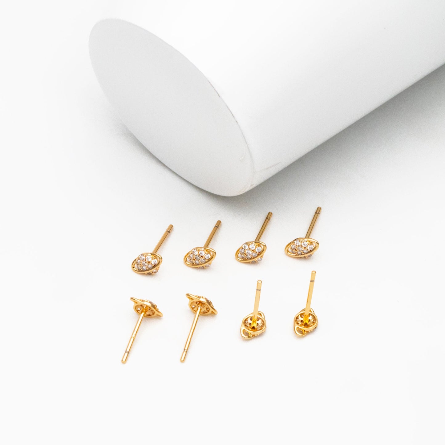 4pcs CZ Pave Gold Saturn Earrings, Real Gold Plated Brass, Minimalist Stud Earrings (#GB-4452)