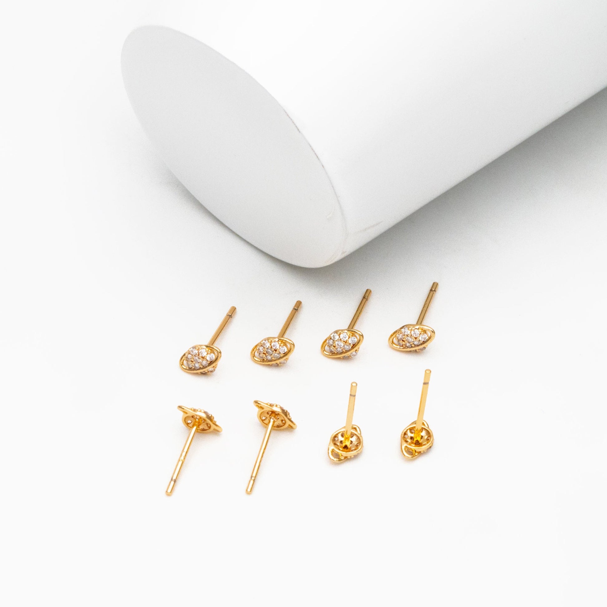 4pcs CZ Pave Gold Saturn Earrings, Real Gold Plated Brass, Minimalist Stud Earrings (#GB-4452)
