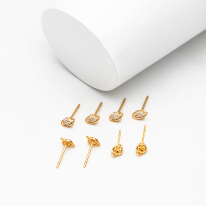 4pcs CZ Pave Gold Saturn Earrings, Real Gold Plated Brass, Minimalist Stud Earrings (#GB-4452)