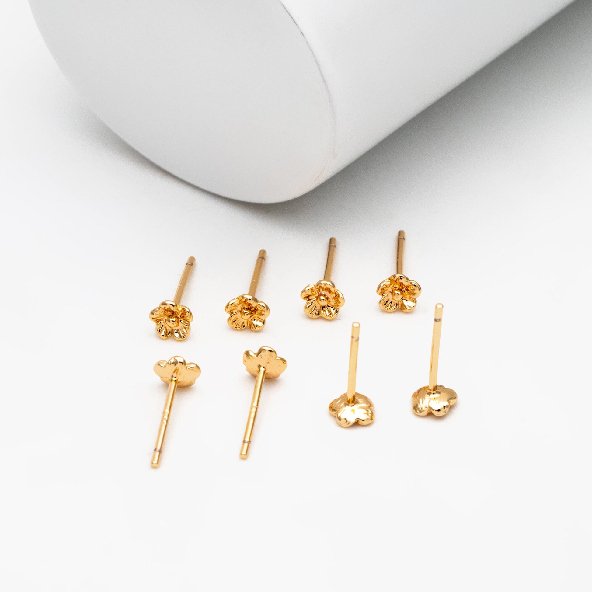 10pcs Gold Flower Earrings 4mm, 18K Gold Plated Brass, Floral Earring Studs (GB-4456)